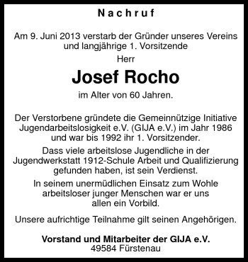 Traueranzeige von Josef Rocho von Neue Osnabrücker Zeitung GmbH & Co. KG