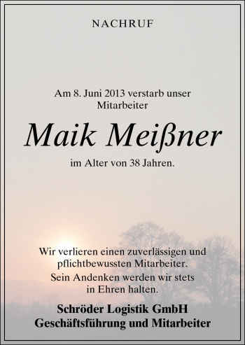 Traueranzeige von Maik Meißner von Neue Osnabrücker Zeitung GmbH & Co. KG