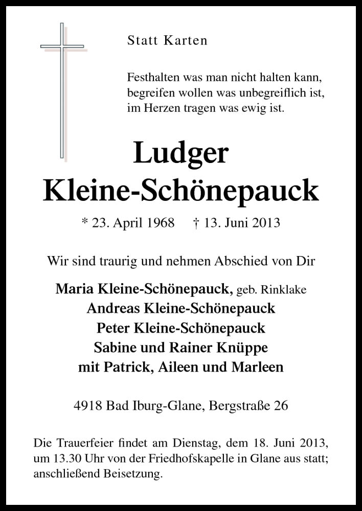  Traueranzeige für Ludger Kleine-Schönepauck vom 15.06.2013 aus Neue Osnabrücker Zeitung GmbH & Co. KG