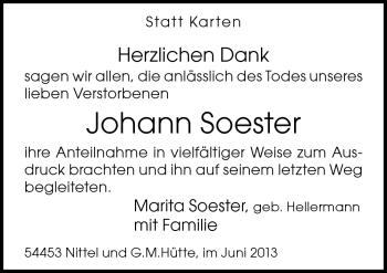 Traueranzeige von Johann Soester von Neue Osnabrücker Zeitung GmbH & Co. KG