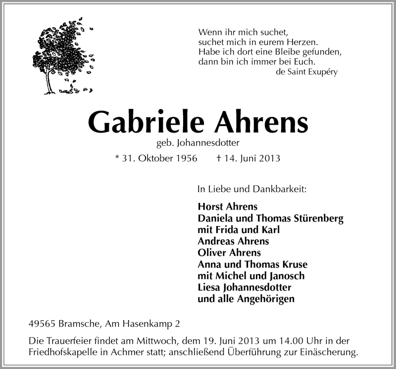  Traueranzeige für Gabriele Ahrens vom 17.06.2013 aus Neue Osnabrücker Zeitung GmbH & Co. KG