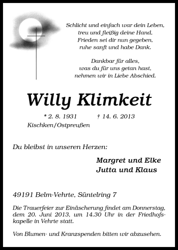 Traueranzeige von Willy Klimkeit von Neue Osnabrücker Zeitung GmbH & Co. KG