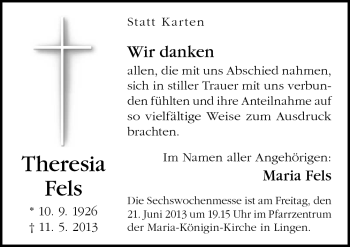 Traueranzeige von Theresia Fels von Neue Osnabrücker Zeitung GmbH & Co. KG