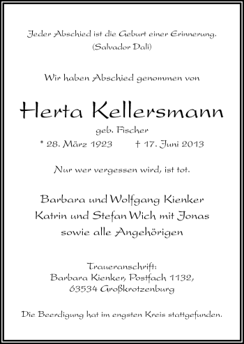 Traueranzeige von Herta Kellersmann von Neue Osnabrücker Zeitung GmbH & Co. KG
