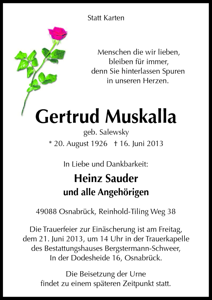  Traueranzeige für Gertrud Muskalla vom 19.06.2013 aus Neue Osnabrücker Zeitung GmbH & Co. KG