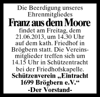 Traueranzeige von Franz aus dem Moore von Neue Osnabrücker Zeitung GmbH & Co. KG