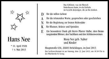 Traueranzeige von Hans Nee von Neue Osnabrücker Zeitung GmbH & Co. KG
