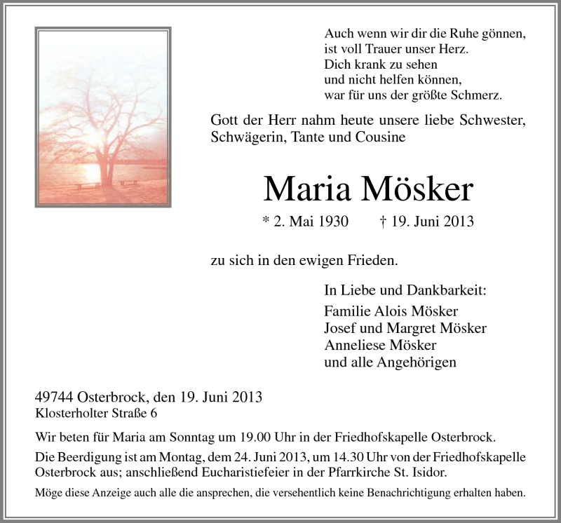  Traueranzeige für Maria Mösker vom 21.06.2013 aus Neue Osnabrücker Zeitung GmbH & Co. KG