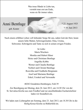 Traueranzeige von Anni Bentlage von Neue Osnabrücker Zeitung GmbH & Co. KG