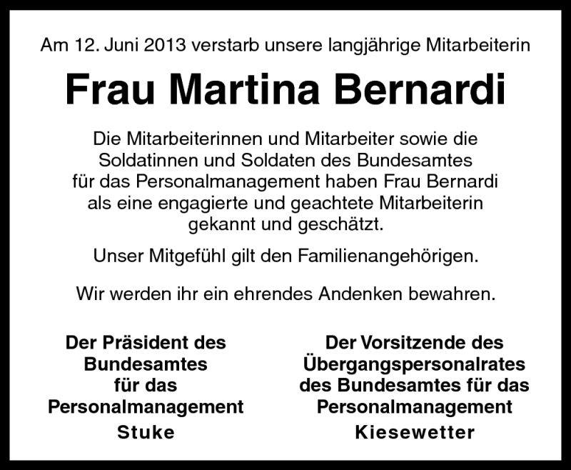  Traueranzeige für Martina Bernardi vom 22.06.2013 aus Neue Osnabrücker Zeitung GmbH & Co. KG