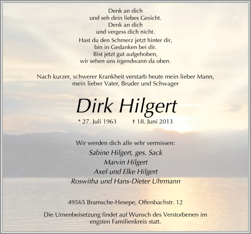  Traueranzeige für Dirk Hilgert vom 22.06.2013 aus Neue Osnabrücker Zeitung GmbH & Co. KG