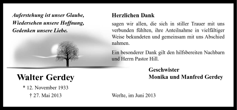  Traueranzeige für Walter Gerdey vom 25.06.2013 aus Neue Osnabrücker Zeitung GmbH & Co. KG
