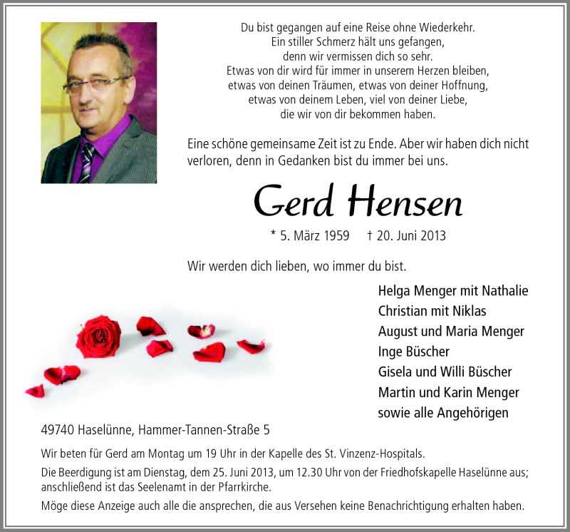  Traueranzeige für Gerd Hensen vom 22.06.2013 aus Neue Osnabrücker Zeitung GmbH & Co. KG