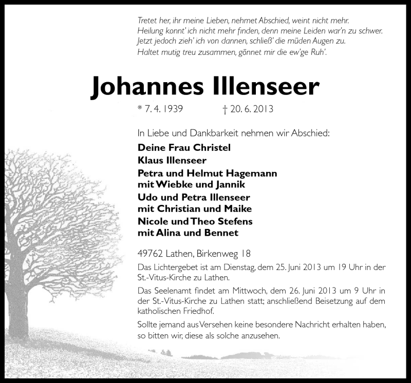  Traueranzeige für Johannes Illenseer vom 22.06.2013 aus Neue Osnabrücker Zeitung GmbH & Co. KG