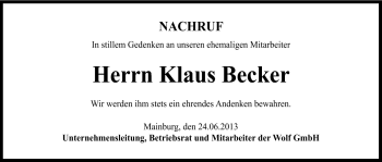 Traueranzeige von Klaus Becker von Neue Osnabrücker Zeitung GmbH & Co. KG
