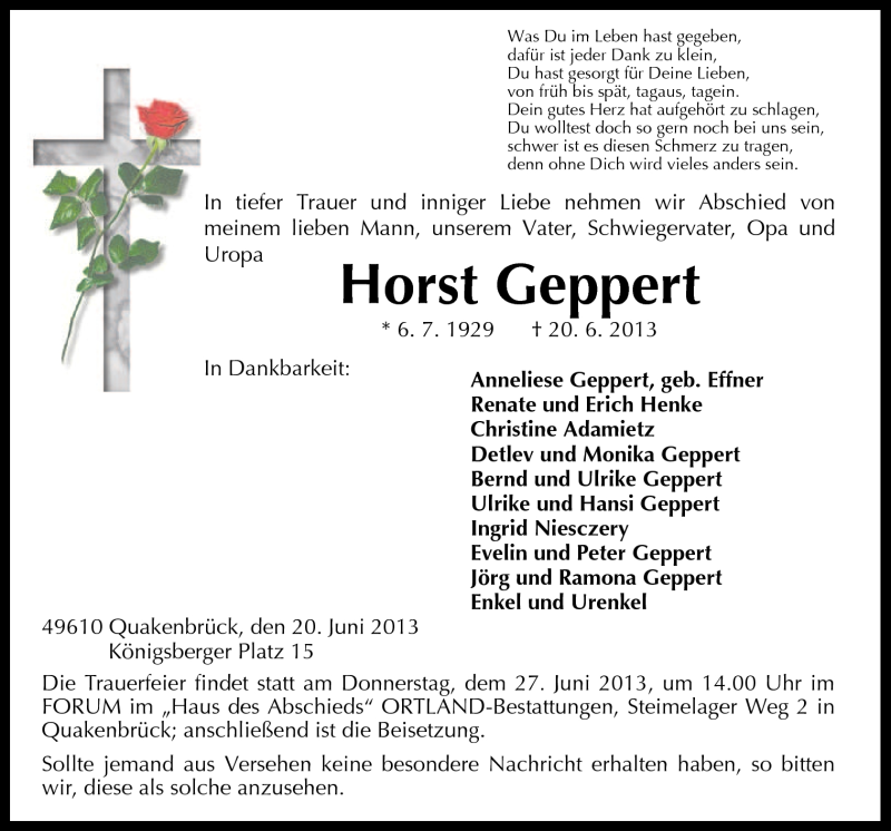  Traueranzeige für Horst Geppert vom 24.06.2013 aus Neue Osnabrücker Zeitung GmbH & Co. KG