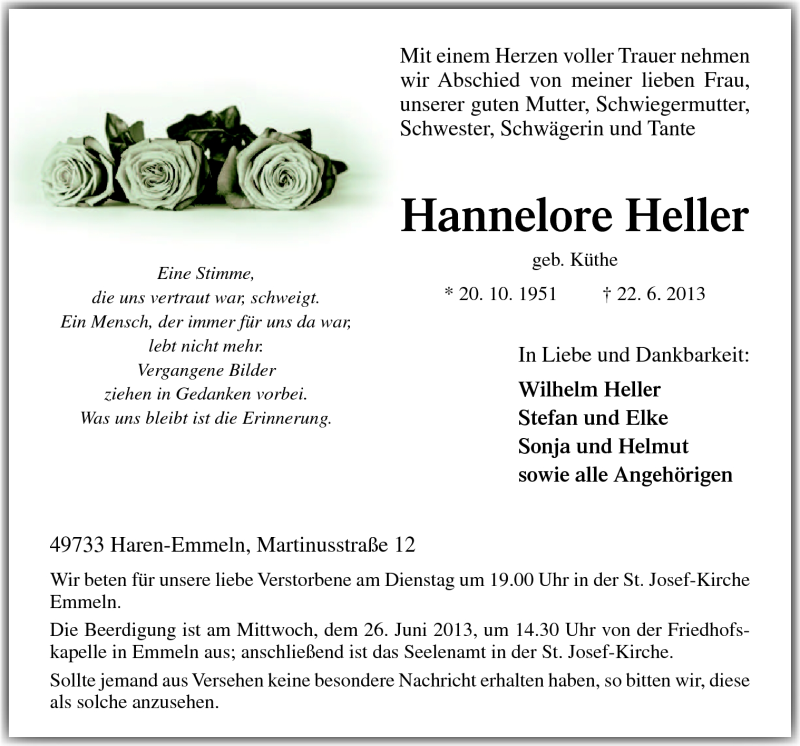  Traueranzeige für Hannelore Heller vom 24.06.2013 aus Neue Osnabrücker Zeitung GmbH & Co. KG