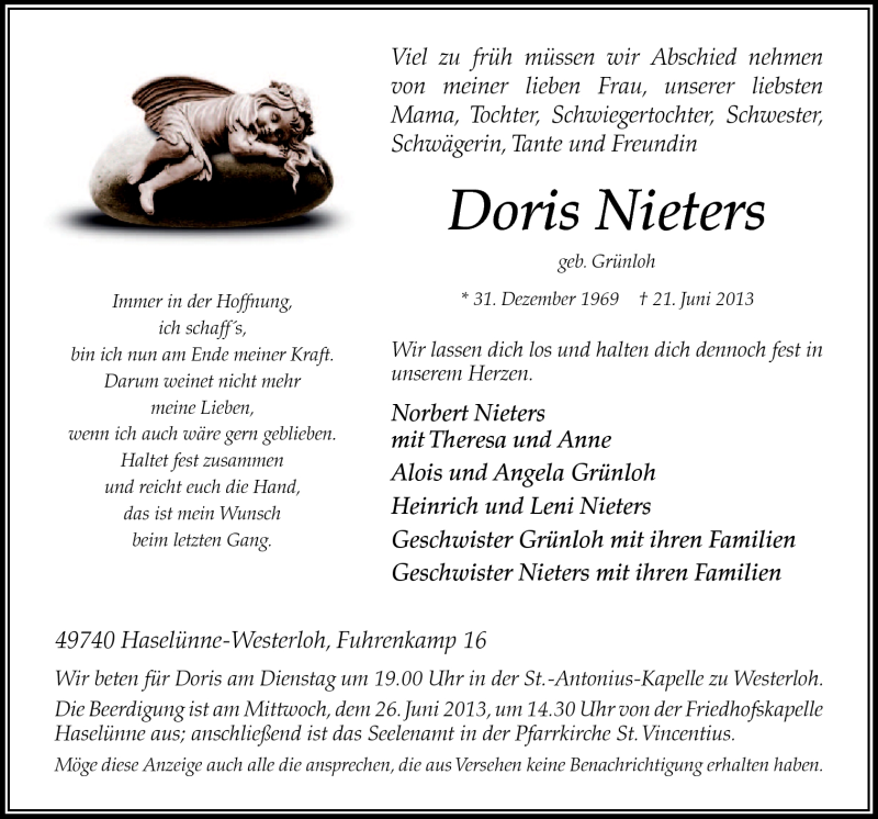  Traueranzeige für Doris Nieters vom 24.06.2013 aus Neue Osnabrücker Zeitung GmbH & Co. KG