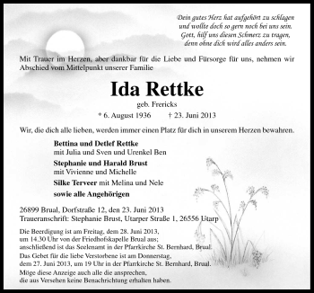 Traueranzeige von Ida Rettke von Neue Osnabrücker Zeitung GmbH & Co. KG