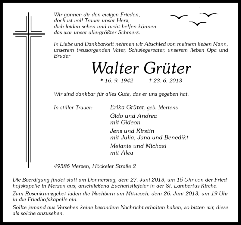  Traueranzeige für Walter Grüter vom 25.06.2013 aus Neue Osnabrücker Zeitung GmbH & Co. KG