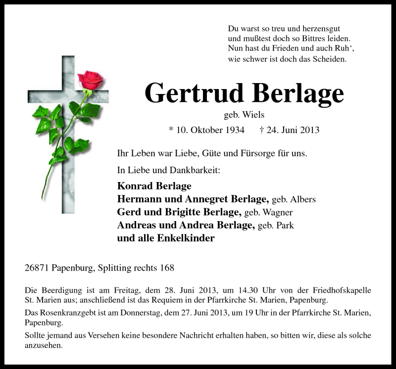  Traueranzeige für Gertrud Berlage vom 26.06.2013 aus Neue Osnabrücker Zeitung GmbH & Co. KG