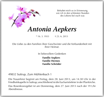 Traueranzeige von Antonia Aepkers von Neue Osnabrücker Zeitung GmbH & Co. KG