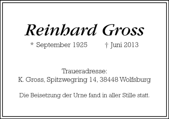 Traueranzeige von Reinhard Gross von Neue Osnabrücker Zeitung GmbH & Co. KG