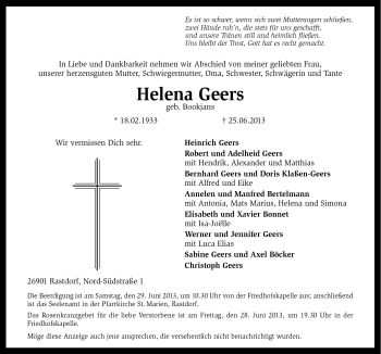 Traueranzeige von Helena Geers von Neue Osnabrücker Zeitung GmbH & Co. KG