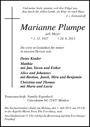 Traueranzeige von Marianne Plumpe von Neue Osnabrücker Zeitung GmbH & Co. KG