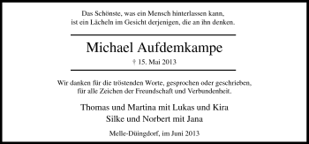Traueranzeige von Michael Aufdemkampe von Neue Osnabrücker Zeitung GmbH & Co. KG