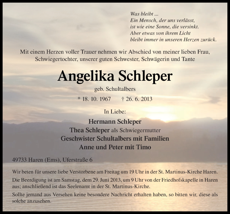  Traueranzeige für Angelika Schleper vom 28.06.2013 aus Neue Osnabrücker Zeitung GmbH & Co. KG