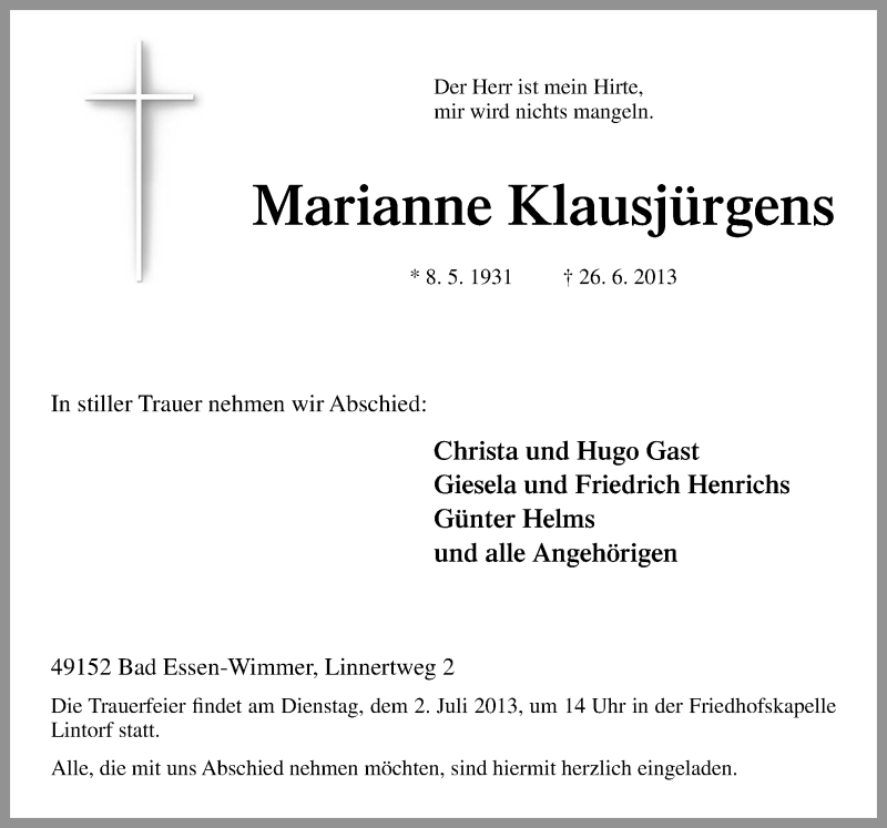  Traueranzeige für Marianne Klausjürgens vom 28.06.2013 aus Neue Osnabrücker Zeitung GmbH & Co. KG
