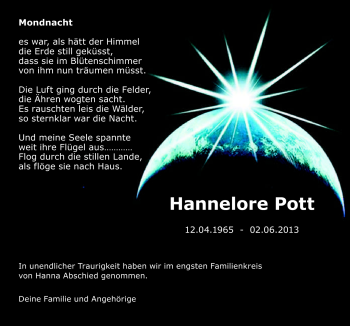 Traueranzeige von Hannelore Pott von Neue Osnabrücker Zeitung GmbH & Co. KG