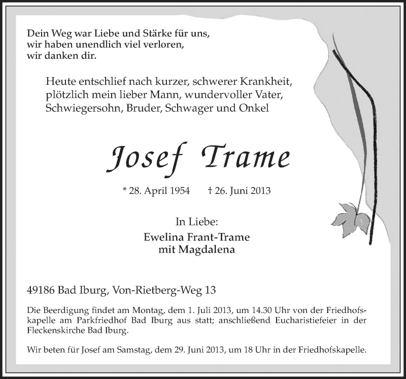  Traueranzeige für Josef Trame vom 28.06.2013 aus Neue Osnabrücker Zeitung GmbH & Co. KG