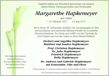 Traueranzeige von Margarethe Hapkemeyer von Neue Osnabrücker Zeitung GmbH & Co. KG