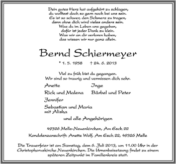 Traueranzeige von Bernd Schiermeyer von Neue Osnabrücker Zeitung GmbH & Co. KG