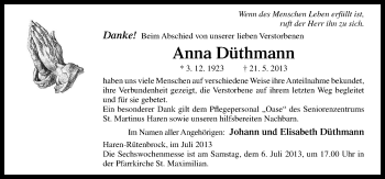 Traueranzeige von Anna Düthmann von Neue Osnabrücker Zeitung GmbH & Co. KG