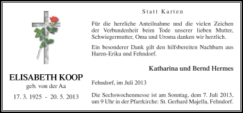 Traueranzeige von Elisabaeth Koop von Neue Osnabrücker Zeitung GmbH & Co. KG