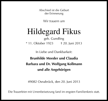 Traueranzeige von Hildegard Fikus von Neue Osnabrücker Zeitung GmbH & Co. KG