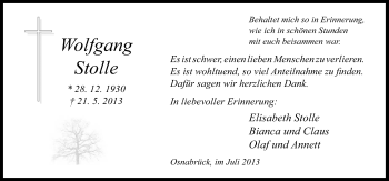 Traueranzeige von Wolfgang Stolle von Neue Osnabrücker Zeitung GmbH & Co. KG