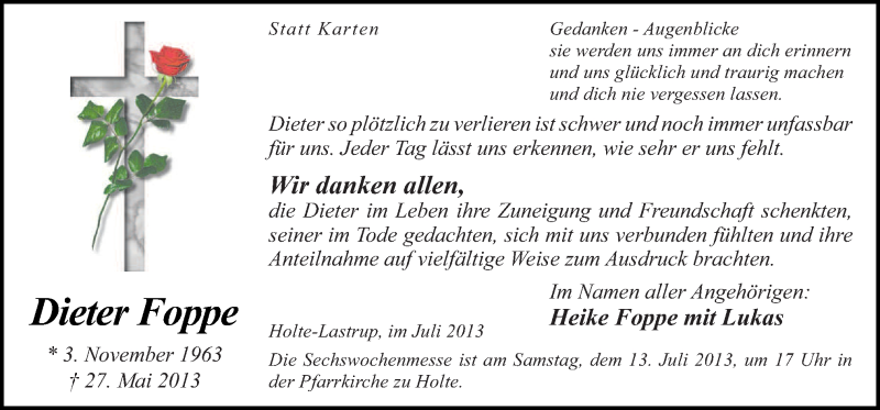  Traueranzeige für Dieter Foppe vom 10.07.2013 aus Neue Osnabrücker Zeitung GmbH & Co. KG