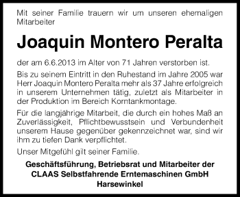 Traueranzeige von Joaquin Montero Peralta von Neue Osnabrücker Zeitung GmbH & Co. KG