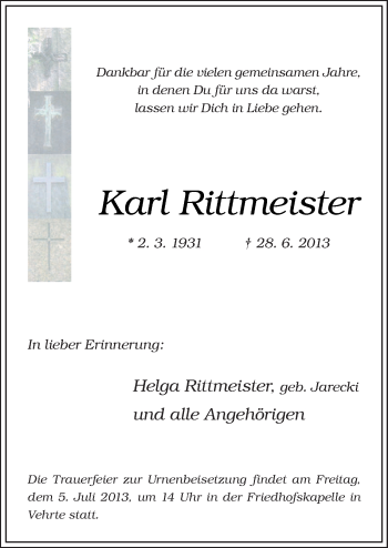 Traueranzeige von Karl Rittmeister von Neue Osnabrücker Zeitung GmbH & Co. KG