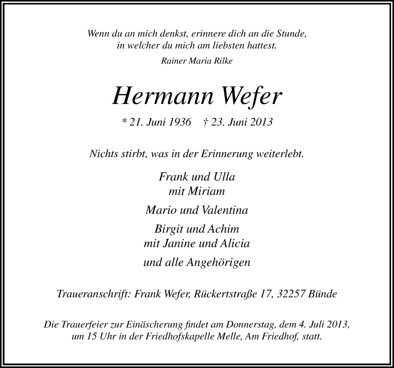  Traueranzeige für Hermann Wefer vom 01.07.2013 aus Neue Osnabrücker Zeitung GmbH & Co. KG