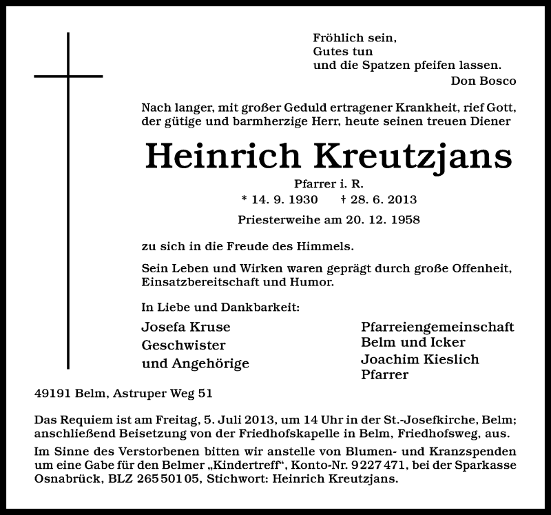  Traueranzeige für Heinrich Kreutzjans vom 02.07.2013 aus Neue Osnabrücker Zeitung GmbH & Co. KG