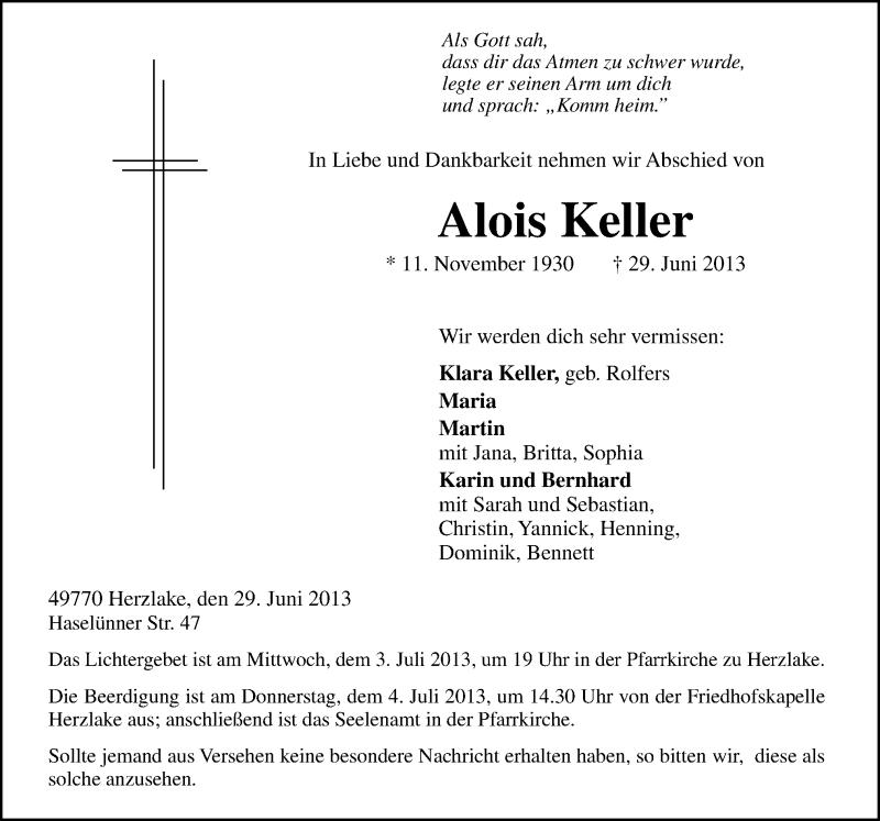  Traueranzeige für Alois Keller vom 02.07.2013 aus Neue Osnabrücker Zeitung GmbH & Co. KG