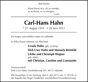 Traueranzeige von Carl-Hans Hahn von Neue Osnabrücker Zeitung GmbH & Co. KG