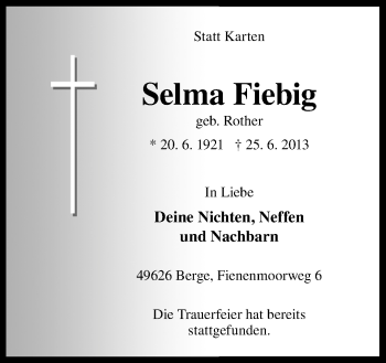 Traueranzeige von Selma Fiebig von Neue Osnabrücker Zeitung GmbH & Co. KG