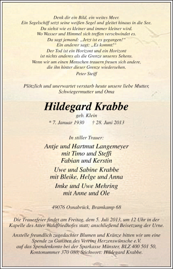 Traueranzeige von Hildegard Krabbe von Neue Osnabrücker Zeitung GmbH & Co. KG