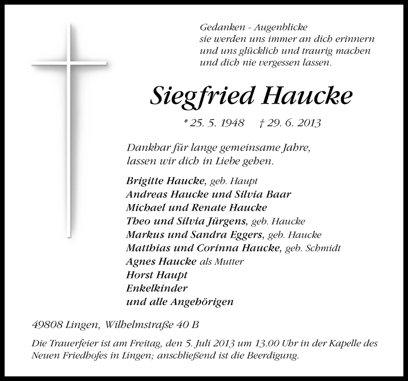  Traueranzeige für Siegfried Haucke vom 03.07.2013 aus Neue Osnabrücker Zeitung GmbH & Co. KG